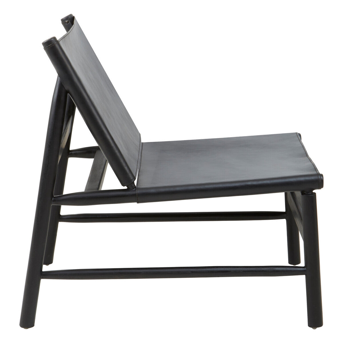 Kendari Black Leather and Teak Modern Sling Chair