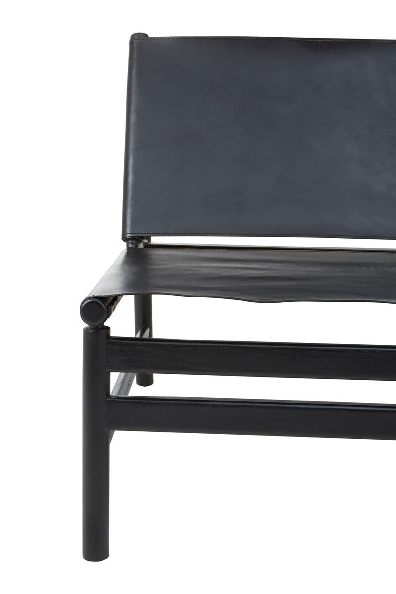Kendari Black Leather and Teak Modern Sling Chair