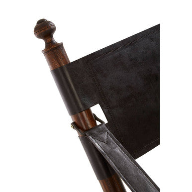 Inca Black Leather and Teak Wood Folding Chair