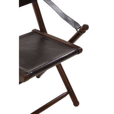 Inca Black Leather and Teak Wood Folding Chair