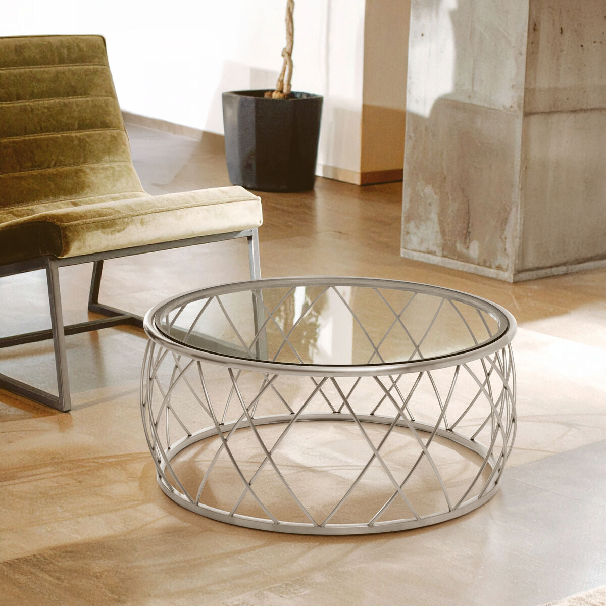Ackley Silver Round Coffee Table with Clear Glass