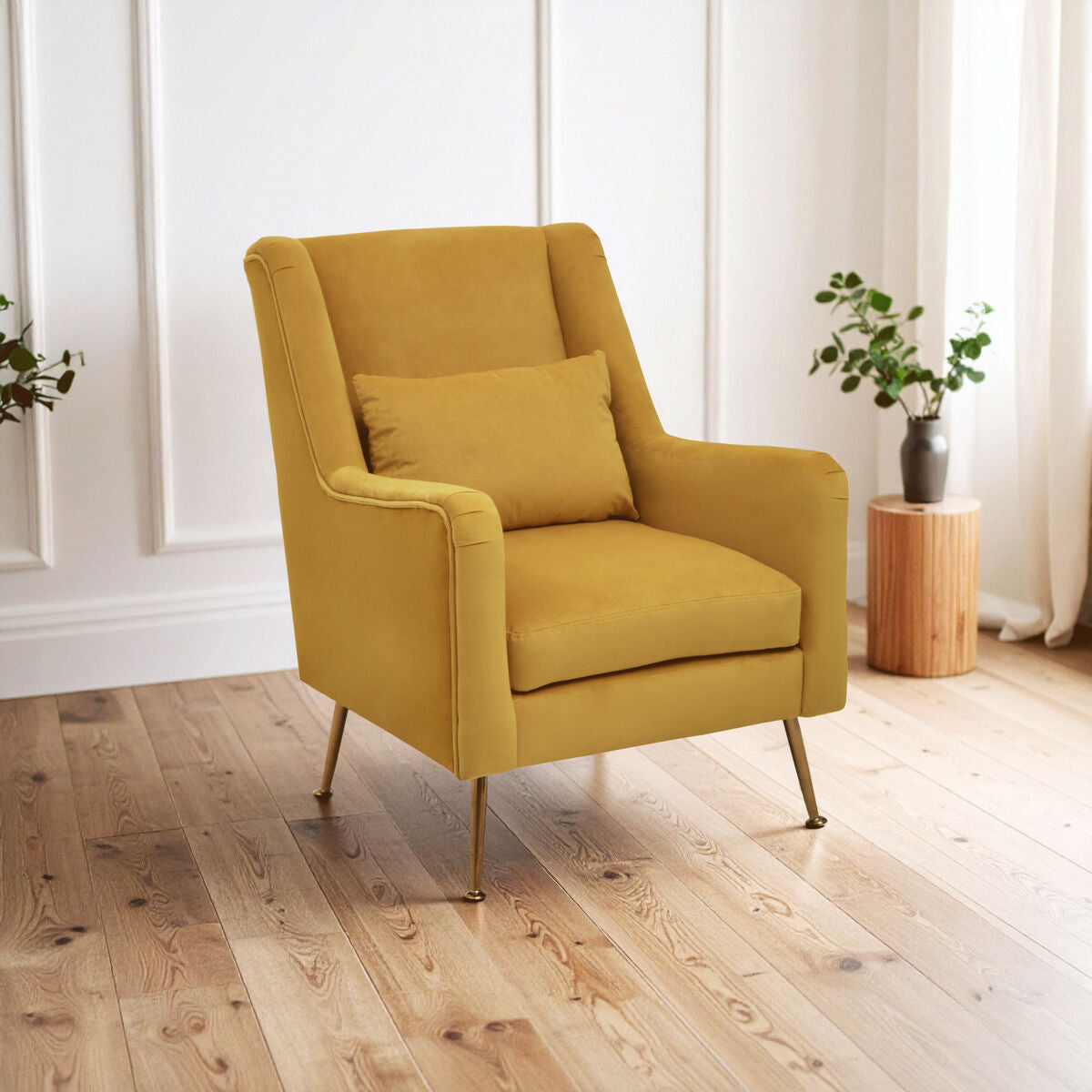 Doucet Yellow Velvet Chair With Gold Finish Legs