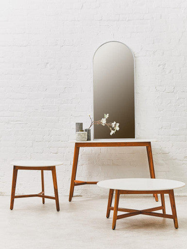 Myan Acacia Wood and White Marble Console Table