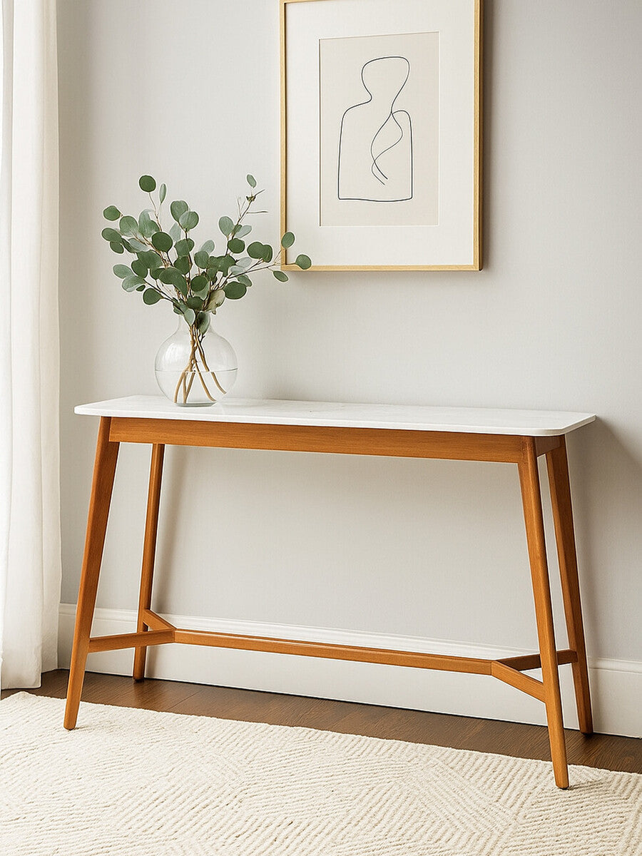 Myan Acacia Wood and White Marble Console Table