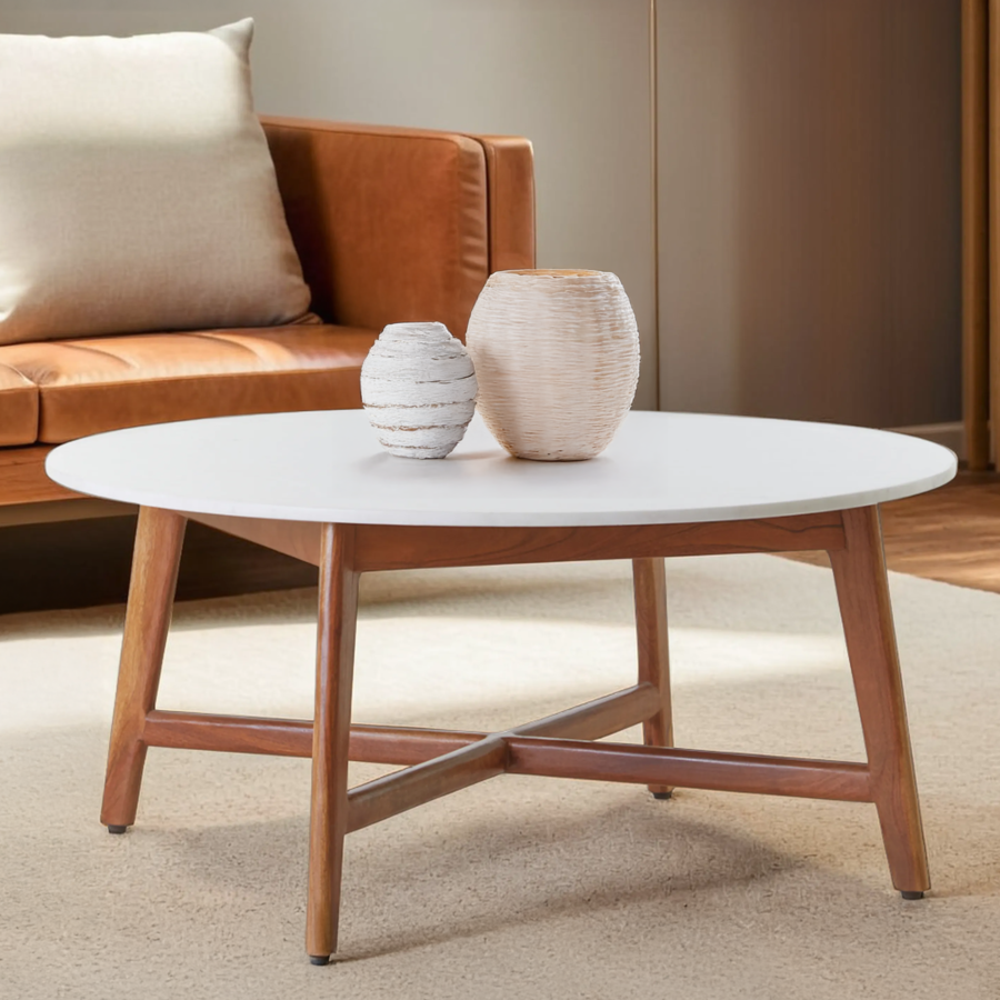 Myan Acacia Wood and White Marble Coffee Table