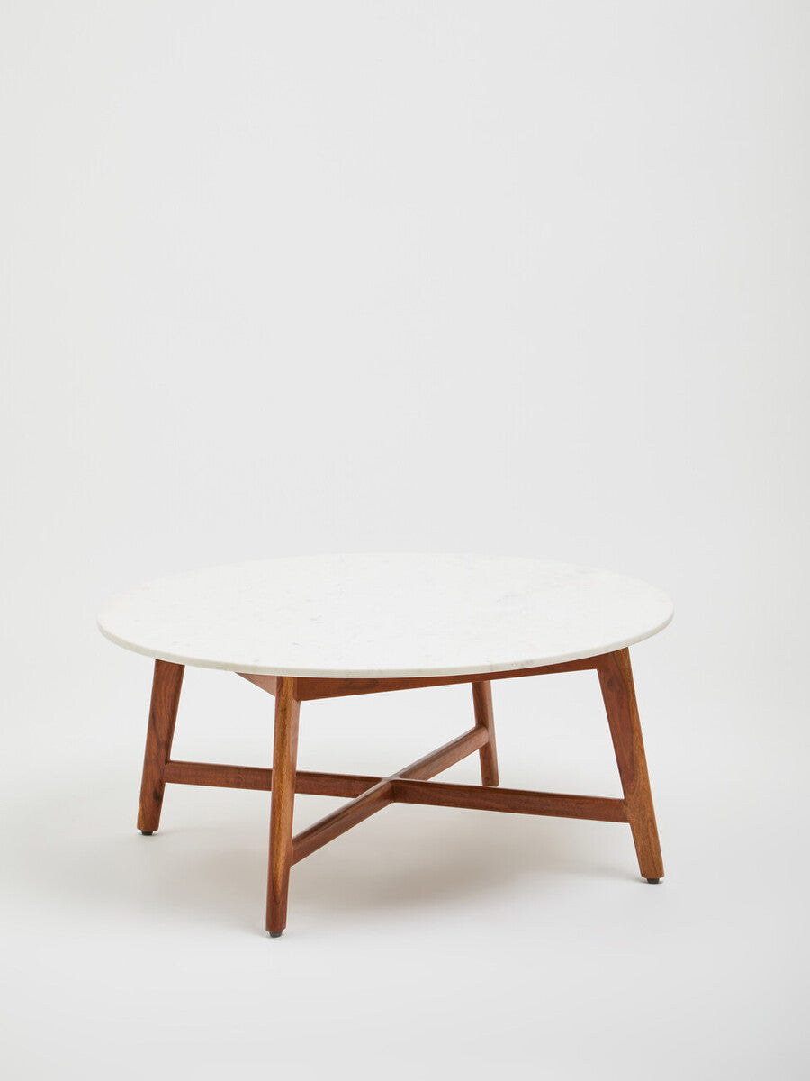Myan Acacia Wood and White Marble Coffee Table