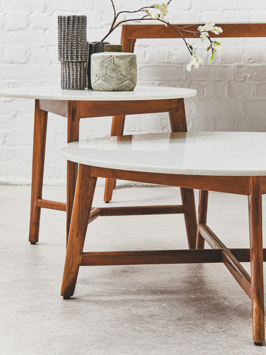 Myan Acacia Wood and White Marble Coffee Table