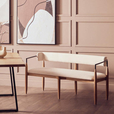 Persolo Cream Textured Fabric Dining Bench with Wood Frame