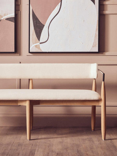Persolo Cream Textured Fabric Dining Bench with Wood Frame