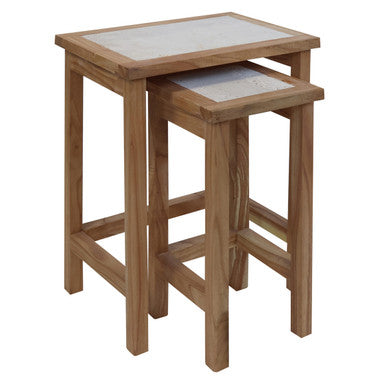 Womad Small Set Of 2 Wooden Side Tables With Travertine Tops