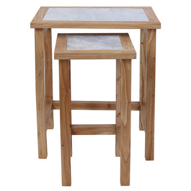 Womad Small Set Of 2 Wooden Side Tables With White Marble Tops