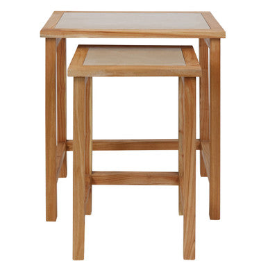 Womad Large Set Of 2 Wooden Side Tables With Cream Marble Tops
