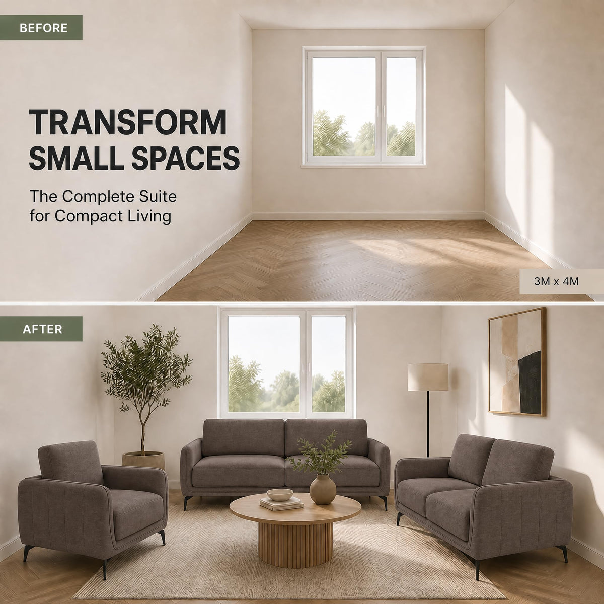 Brixton Dark Brown Fabric Sofa Suite, Armchair, 2 Seater and 3 Seater Set, Linen Look with Solid Wood Frame