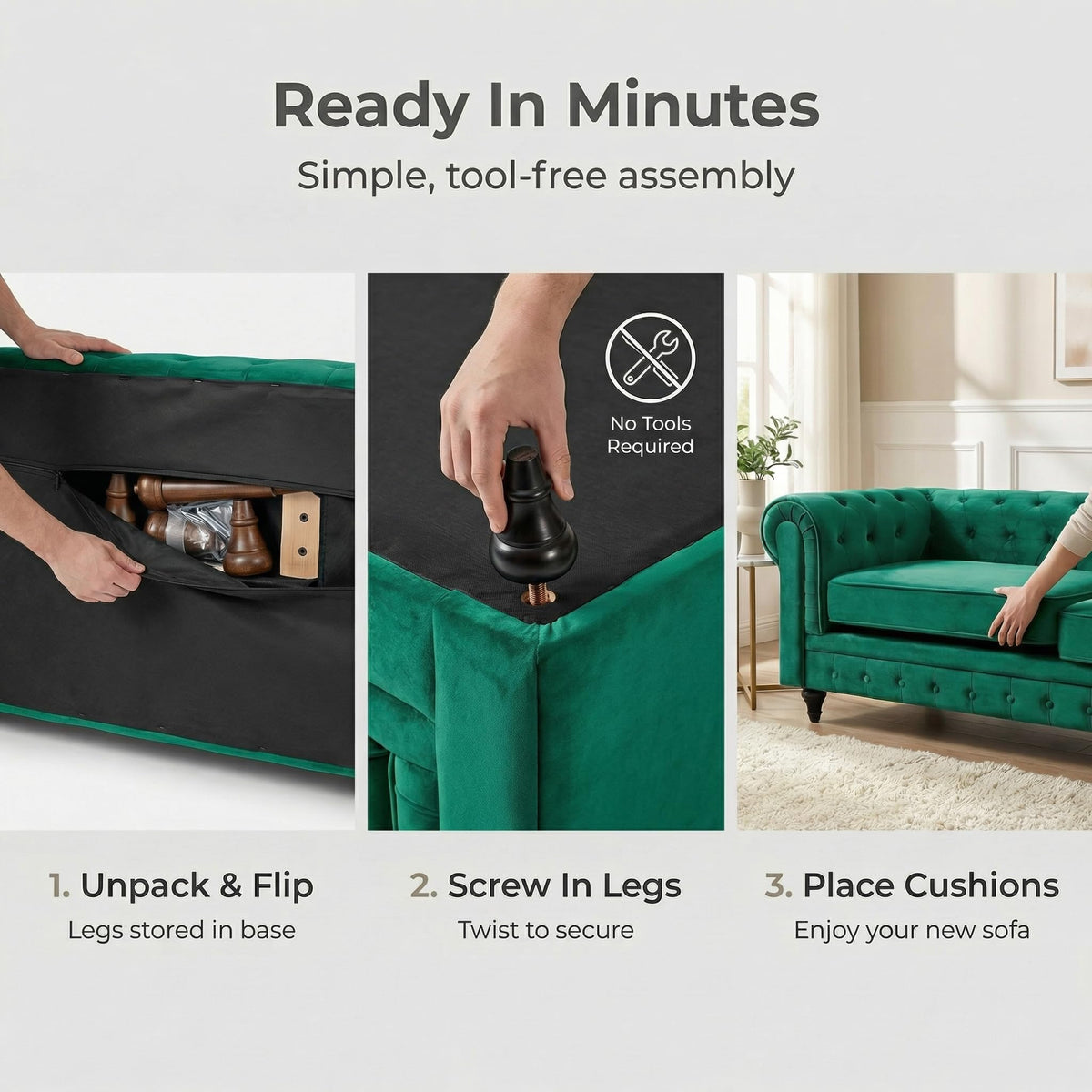 Chesterfield Velvet Sofa Suite, Emerald Green, 3 Piece Set with Armchair, 2 Seater and 3 Seater, Button Back