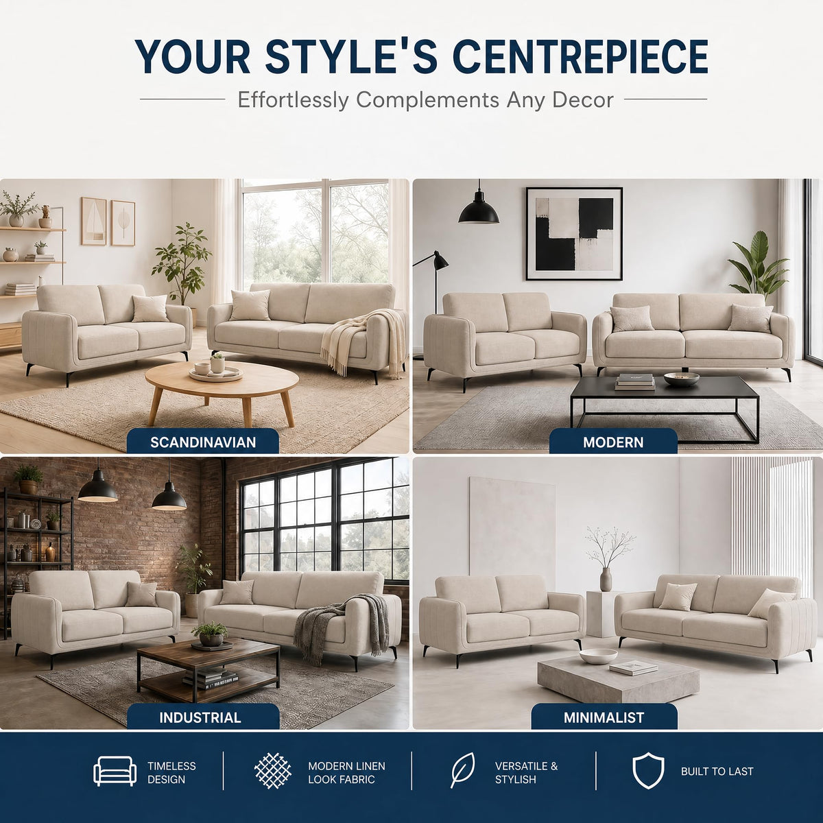 Brixton Cream Fabric Sofa Set, 2 Seater and 3 Seater Linen Look Settees with Solid Wood Frame and Steel Legs