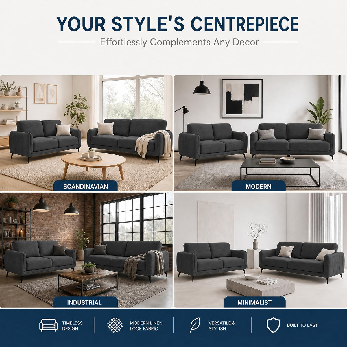 Brixton Dark Grey Fabric Sofa Set, 2 Seater and 3 Seater Linen Look Settees with Solid Wood Frame and Steel Legs