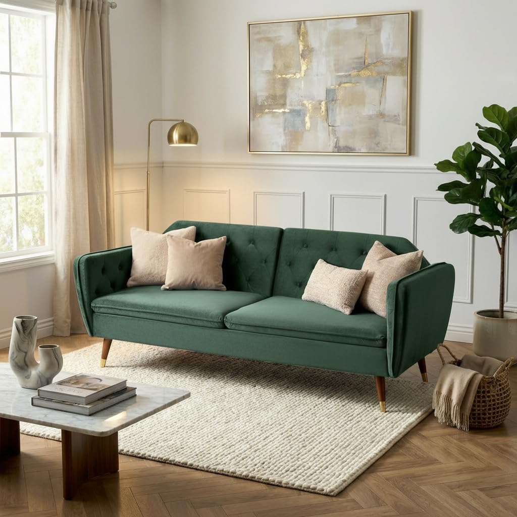 Victoria Velvet Sofa Bed, Emerald Green 3 Seater Click Clack Sofa Bed with Split Back, Button Tufting and Gold Legs