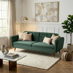 Victoria Velvet Sofa Bed, Emerald Green 3 Seater Click Clack Sofa Bed with Split Back, Button Tufting and Gold Legs