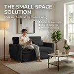 Dahlia Black Pull Out Sofa Bed, 2 Seater Linen Blend Double Guest Bed with Wooden Legs and 2 Cushions