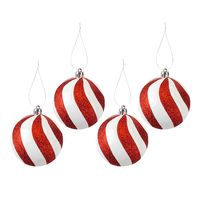 Christmas Baubles Candy Cane Red & White Baubles 4 Pack 8cm