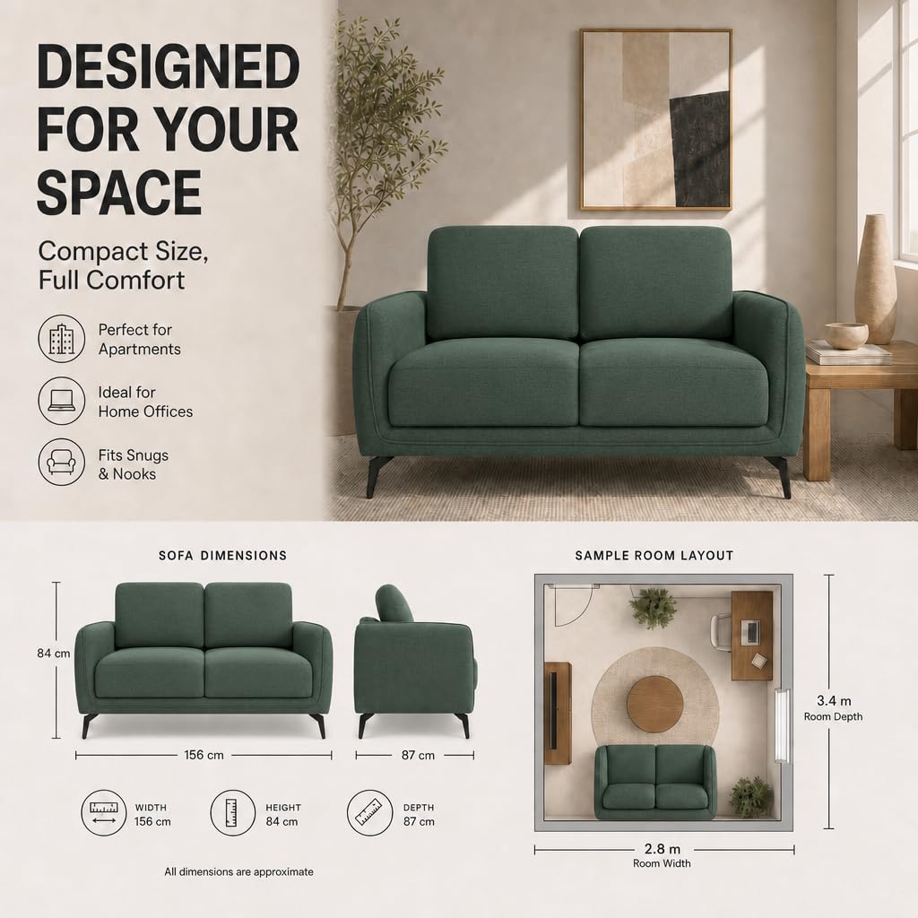 Brixton Green Fabric Sofa, 2 Seater Linen Look Settee with Solid Wood Frame, Foam Cushions and Steel Legs