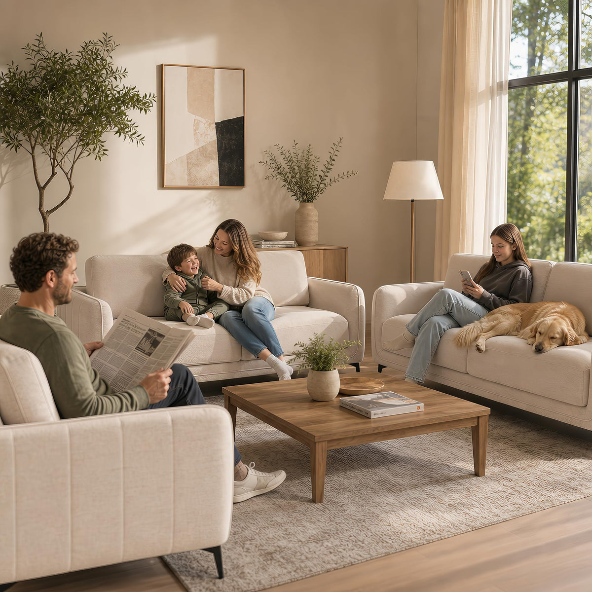 Brixton Cream Fabric Sofa Suite, Armchair, 2 Seater and 3 Seater Set, Linen Look with Solid Wood Frame
