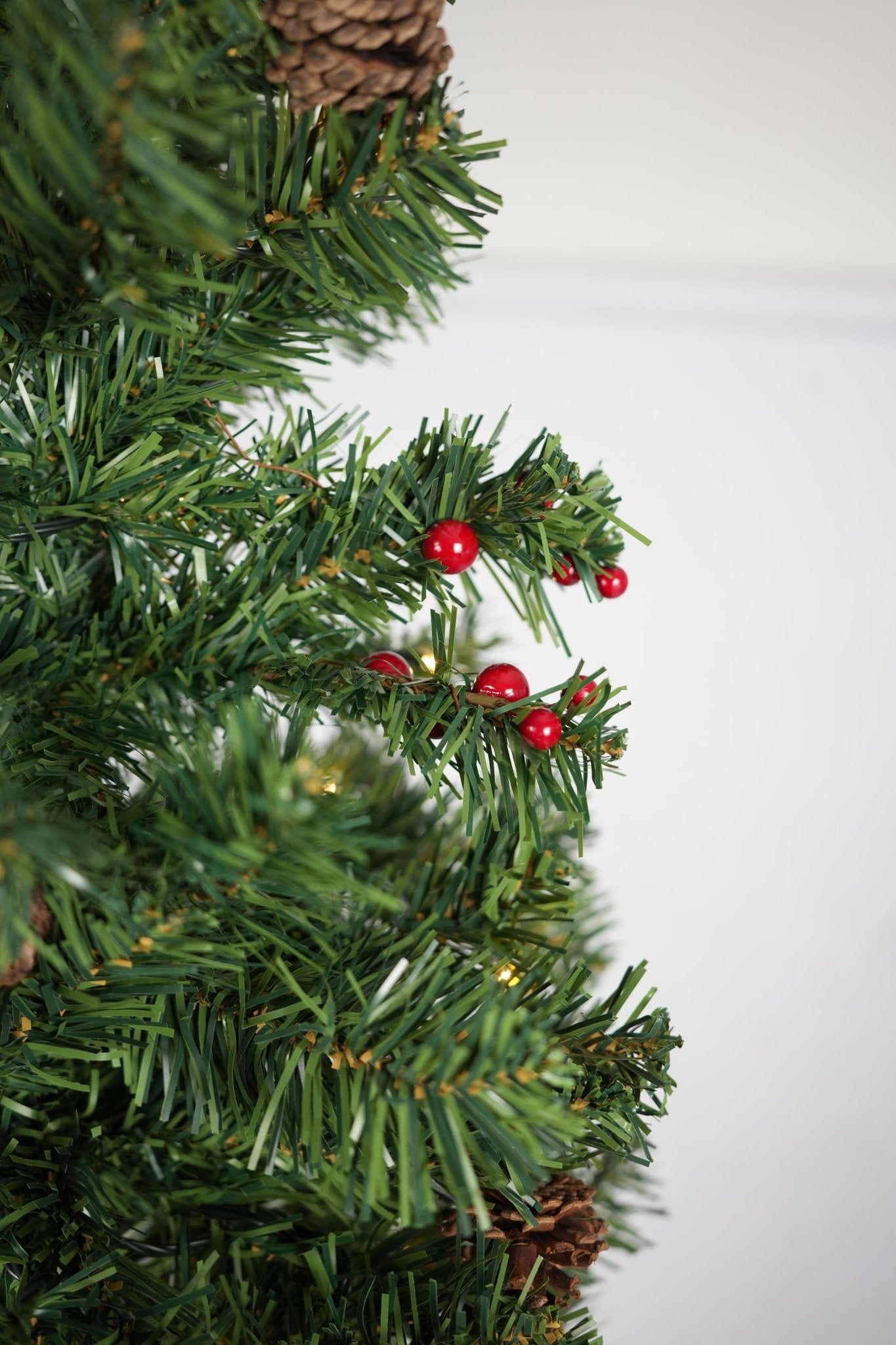 6FT Artificial Christmas Tree With Pine Cones & Red Berries Pre - Lit - Warm White LED Lights - Bargainia.com - 