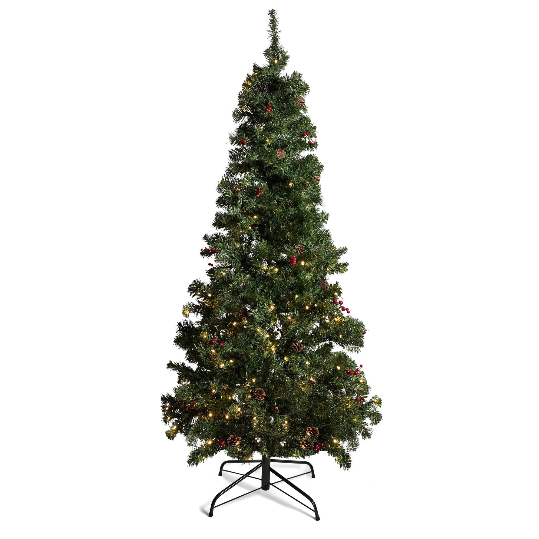 6FT Artificial Christmas Tree With Pine Cones & Red Berries Pre - Lit - Warm White LED Lights - Bargainia.com - 