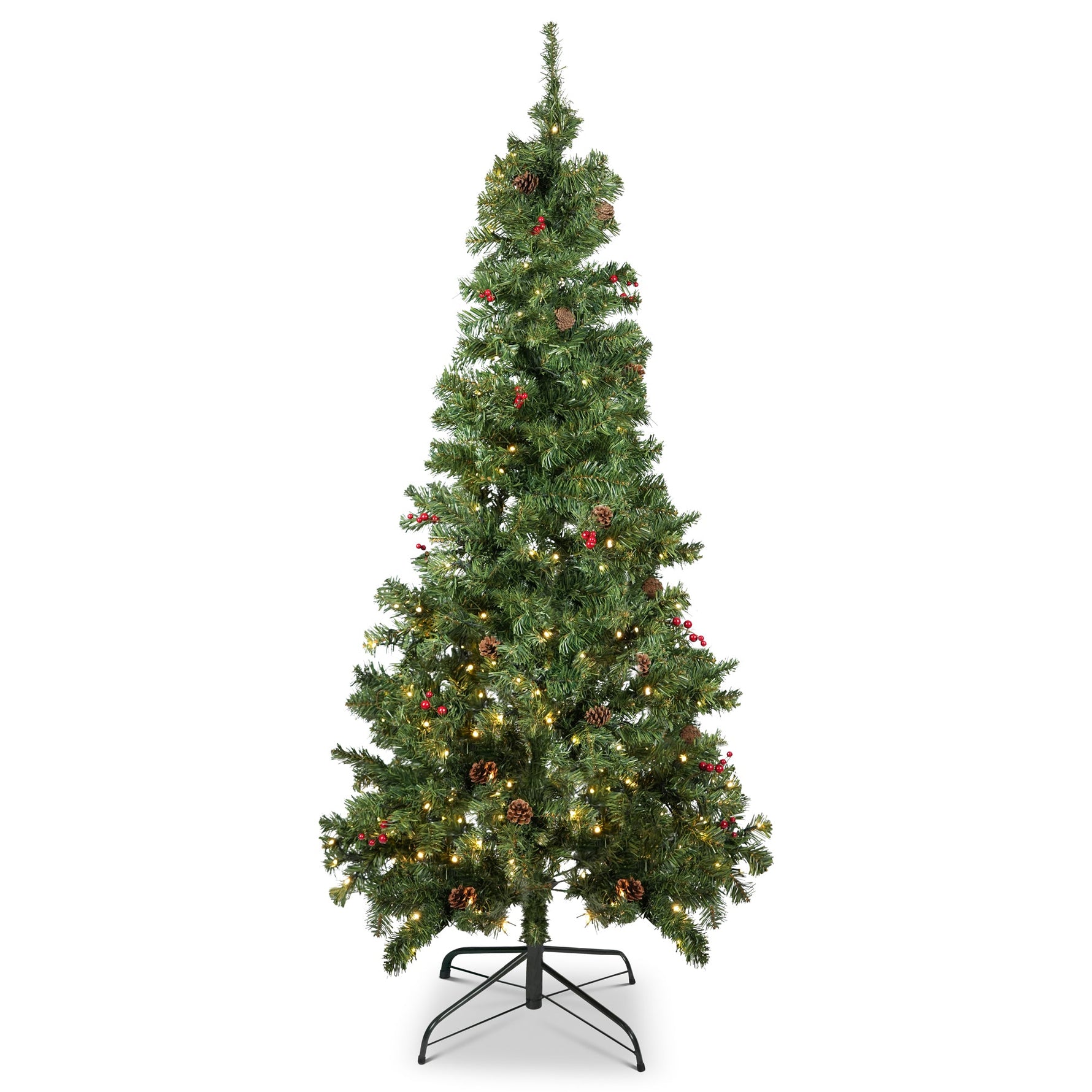 6FT Artificial Christmas Tree With Pine Cones & Red Berries Pre - Lit - Warm White LED Lights - Bargainia.com - 