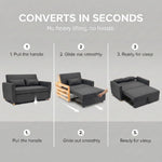 Dahlia Black Pull Out Sofa Bed, 2 Seater Linen Blend Double Guest Bed with Wooden Legs and 2 Cushions