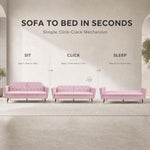 Victoria Velvet Sofa Bed, Rose Pink, 3 Seater Click Clack Double Sofa Bed with Split Back and Gold Legs