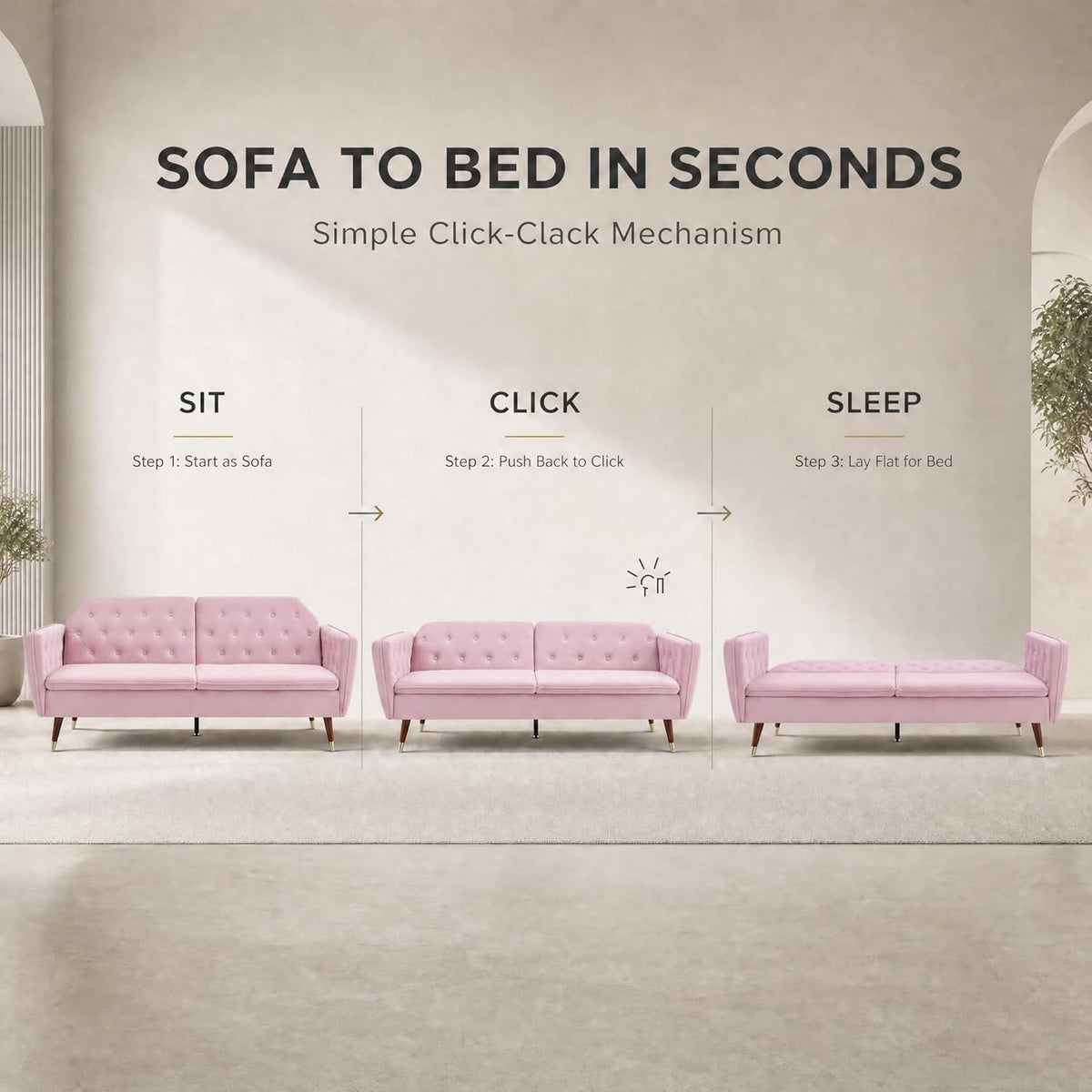 Victoria Velvet Sofa Bed, Rose Pink, 3 Seater Click Clack Double Sofa Bed with Split Back and Gold Legs