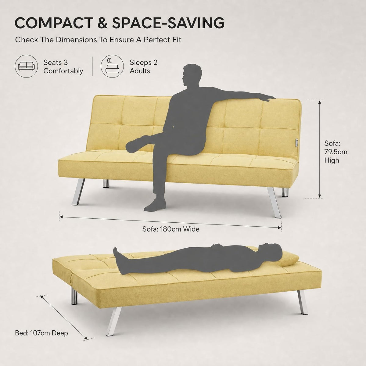 Britney Yellow Click Clack Sofa Bed, 3 Seater Linen Blend Fabric Settee, Converts to Double Bed, Chrome Legs