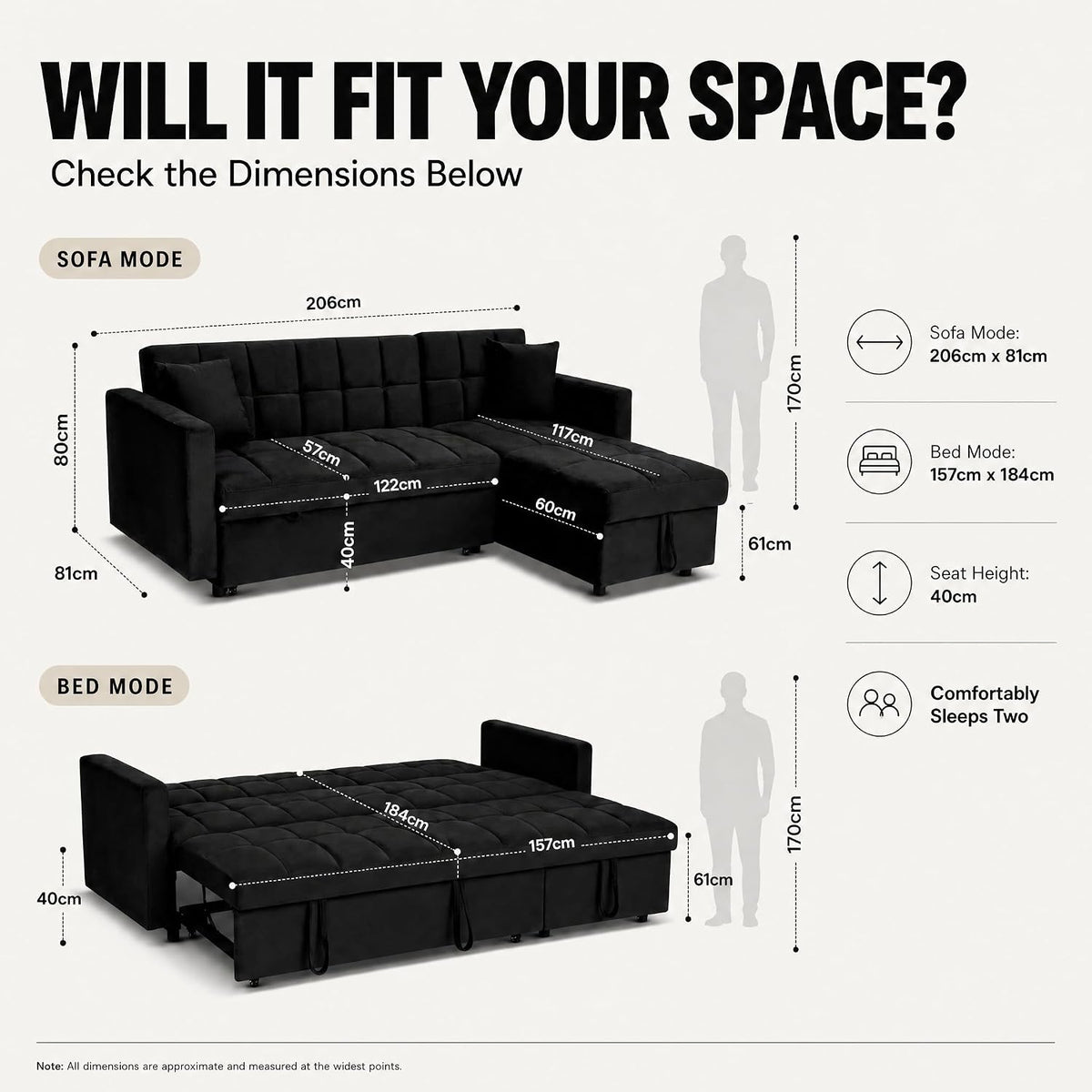 Milo Black Corner Sofa Bed with Storage - Velvet Sofa Bed & Pull Out Bed