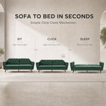 Victoria Velvet Sofa Bed, Emerald Green 3 Seater Click Clack Sofa Bed with Split Back, Button Tufting and Gold Legs