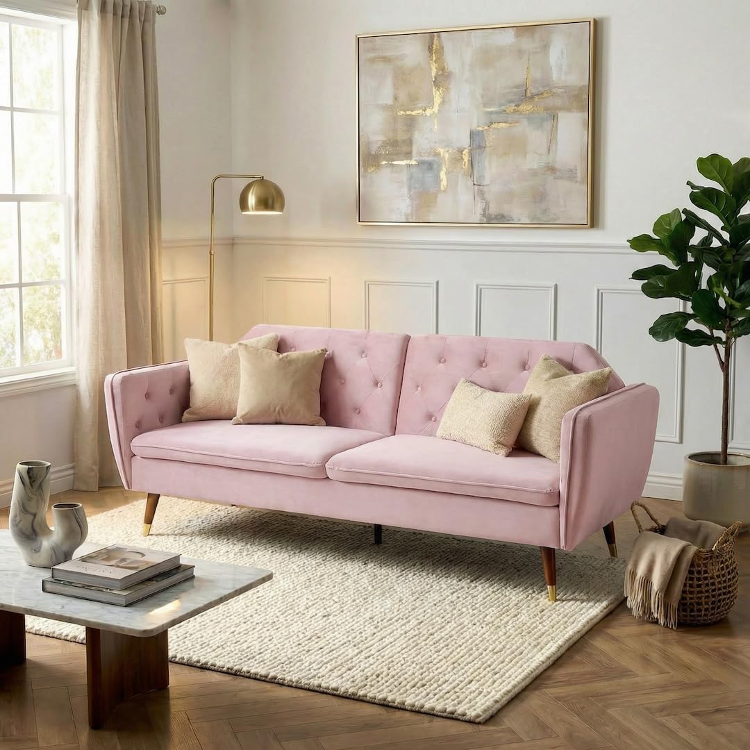 Victoria Velvet Sofa Bed, Rose Pink, 3 Seater Click Clack Double Sofa Bed with Split Back and Gold Legs