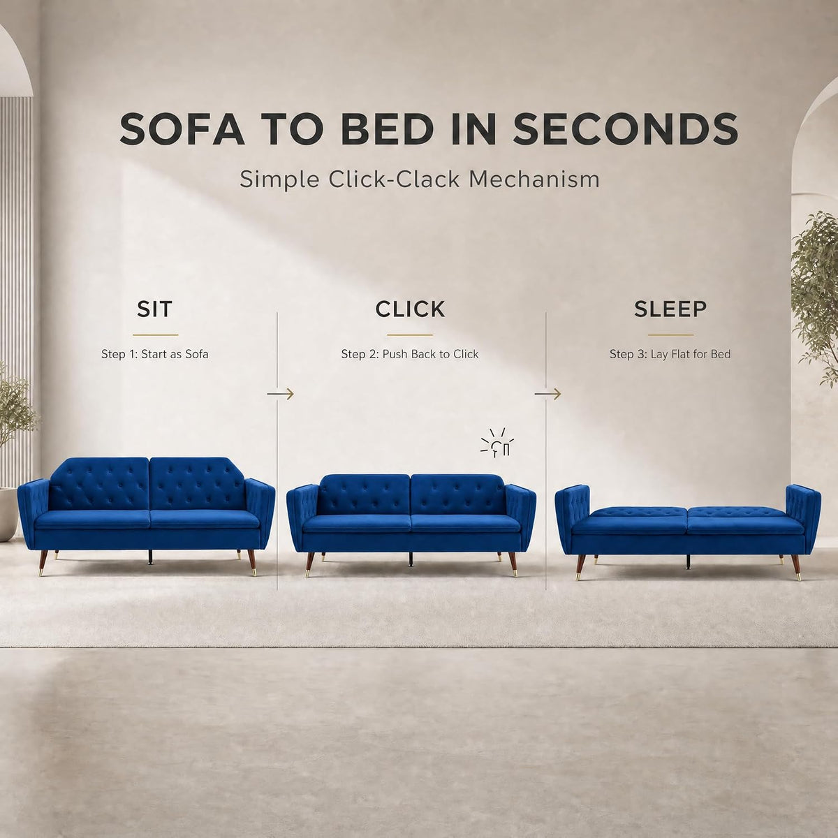 Victoria Velvet Sofa Bed, Blue 3 Seater Click Clack Sofa Bed with Split Back, Button Tufting and Gold Legs