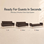 Mario Click Clack Sofa Bed, Brown Linen Blend Fabric, 3 Seater Fold Out Sofa Bed, Slanted Wooden Legs, Solid Wood Frame