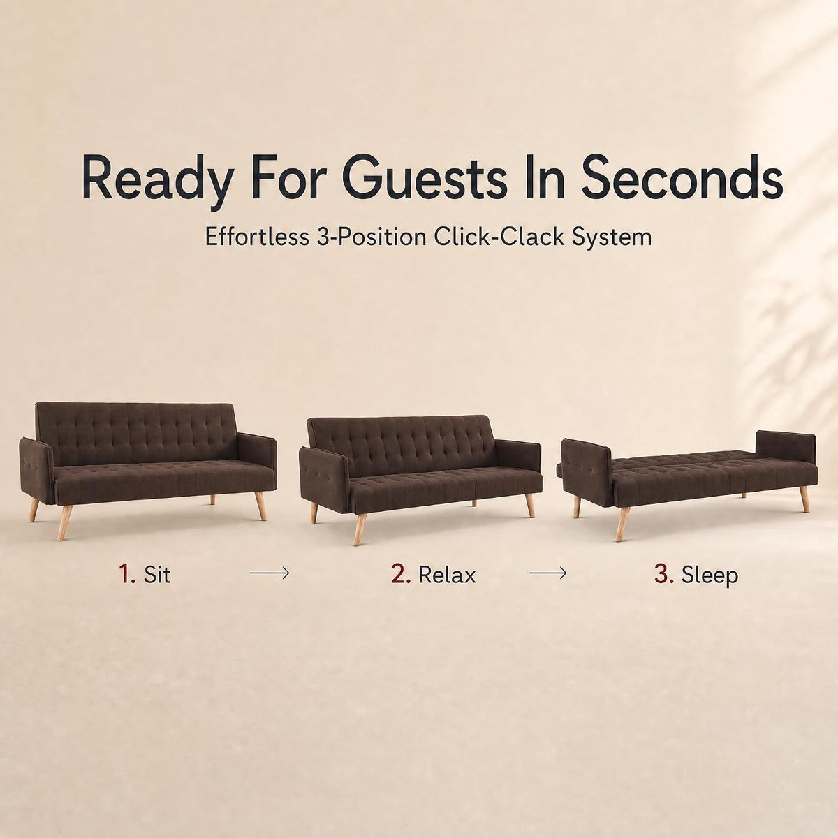 Mario Click Clack Sofa Bed, Brown Linen Blend Fabric, 3 Seater Fold Out Sofa Bed, Slanted Wooden Legs, Solid Wood Frame
