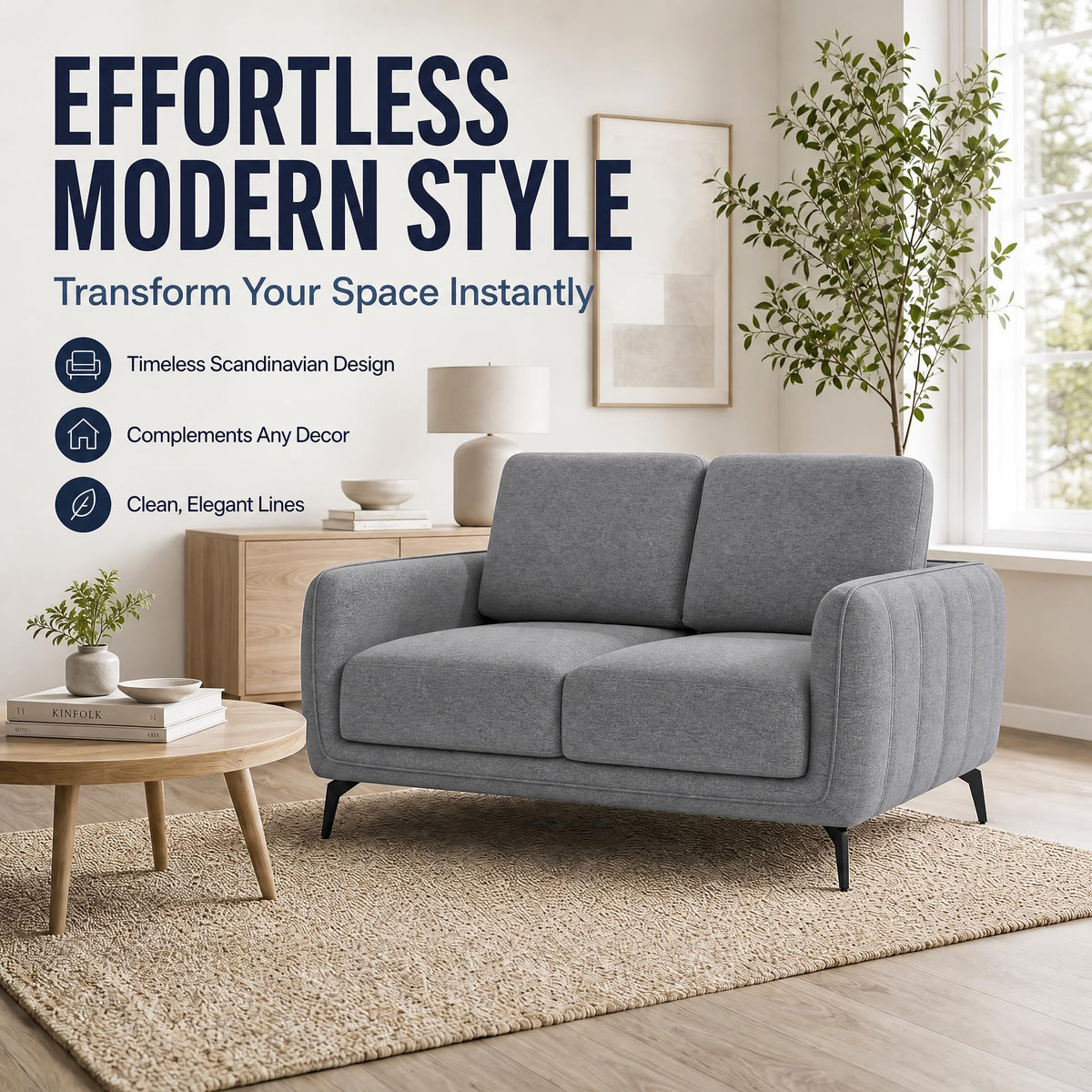 Brixton Grey Fabric Sofa, 2 Seater Linen Look Settee with Solid Wood Frame, Foam Cushions and Steel Legs