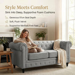 Chesterfield Velvet 2 Seater Sofa in Grey, Button Tufted Settee with Scroll Arms and Solid Wood Frame