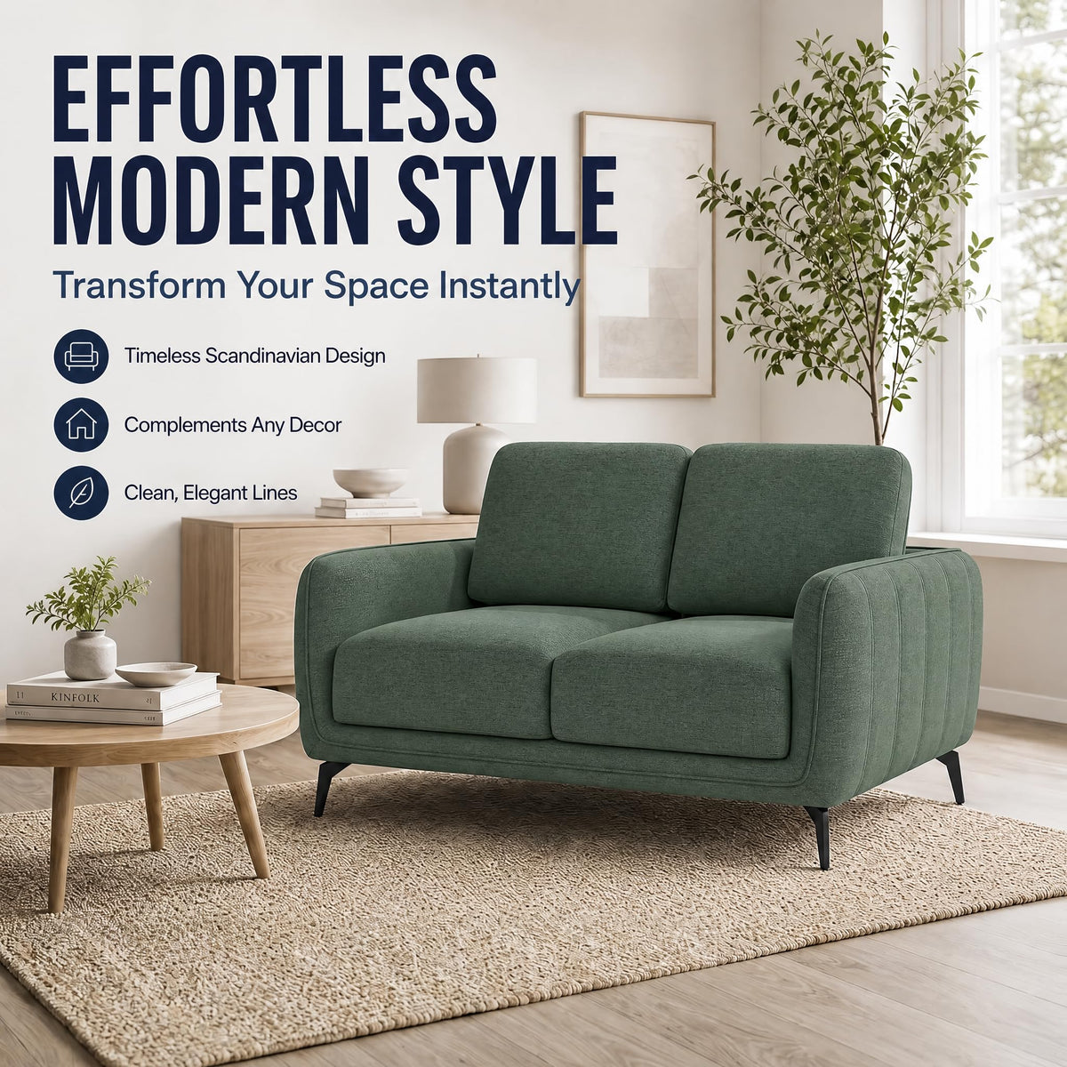 Brixton Green Fabric Sofa, 2 Seater Linen Look Settee with Solid Wood Frame, Foam Cushions and Steel Legs