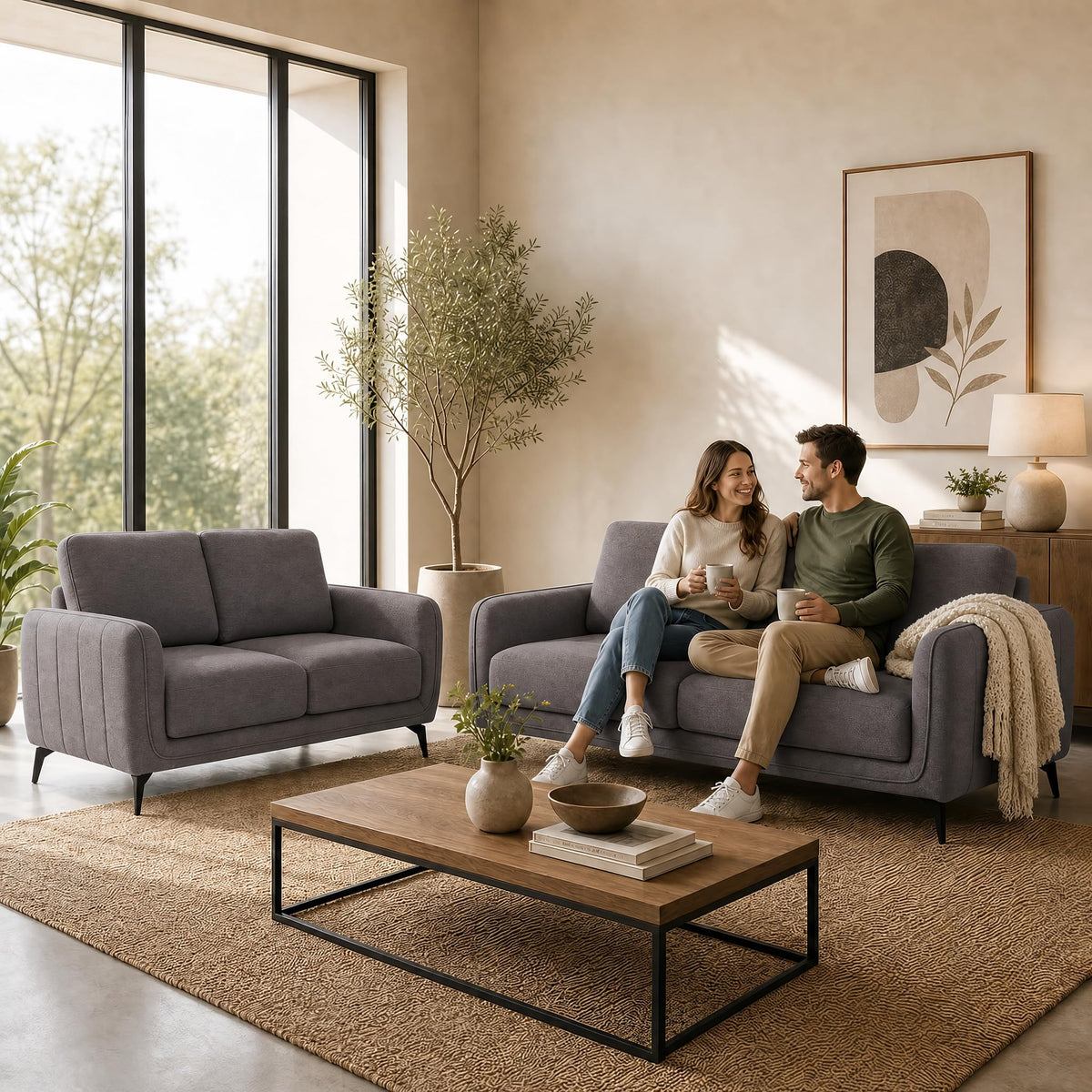 Brixton Dark Brown Fabric Sofa Set, 2 Seater and 3 Seater Linen Look Settees with Solid Wood Frame and Steel Legs