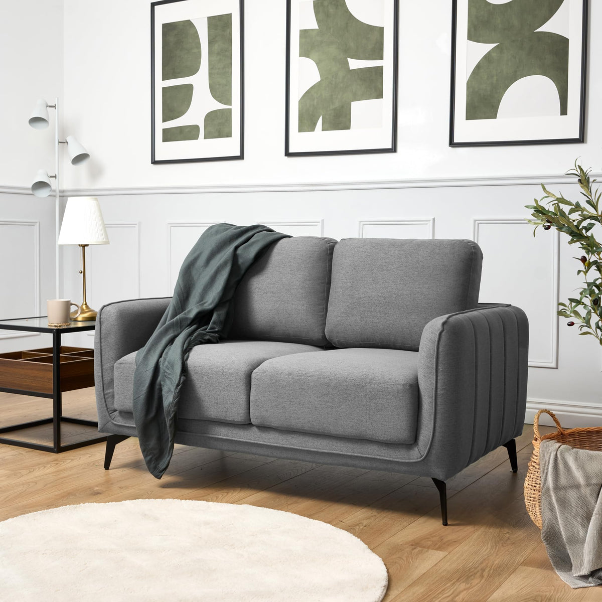 Brixton Grey Fabric Sofa, 2 Seater Linen Look Settee with Solid Wood Frame, Foam Cushions and Steel Legs