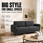 Brixton Dark Grey Linen Look Fabric 3 Seater Sofa, Modern Couch with Foam Cushions and Black Steel Legs