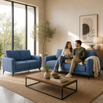 Brixton Blue Fabric Sofa Set, 2 Seater and 3 Seater Linen Look Settees with Solid Wood Frame and Steel Legs