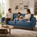 Brixton Blue Fabric Sofa, 3 Seater Linen Look Settee with Solid Wood Frame, Foam Cushions and Steel Legs