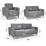 Brixton Grey Fabric Sofa Suite, Armchair, 2 Seater and 3 Seater Set, Linen Look with Solid Wood Frame