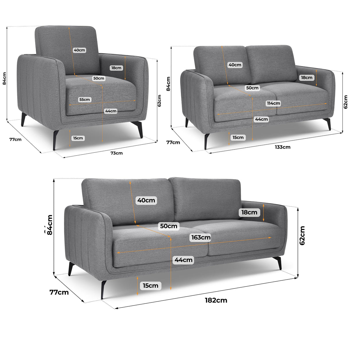 Brixton Grey Fabric Sofa Suite, Armchair, 2 Seater and 3 Seater Set, Linen Look with Solid Wood Frame