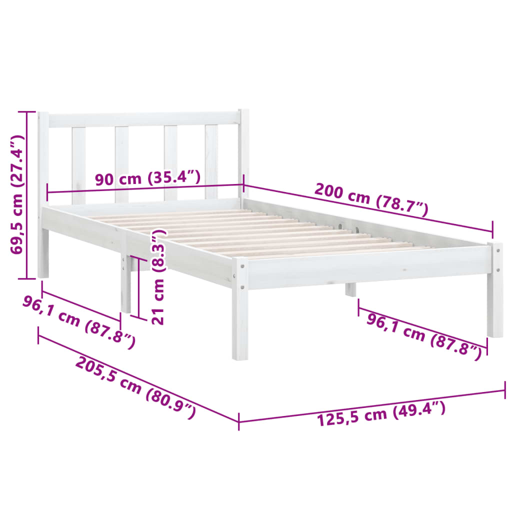810068 vidaXL Bed Frame without Mattress White Solid Wood 90x200 cm - Bargainia.com - 8720286671450 - 810068